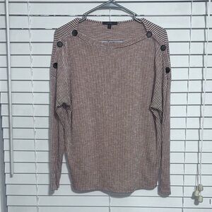 Striped Button-Shoulder Long-Sleeve Top — Brown